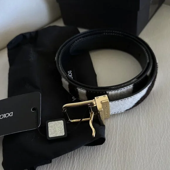 NEW Dolce & Gabbana Brown White Zebra Pony Hair Gold Buckle Women's Belt 90 Cm - Picture 3 of 10